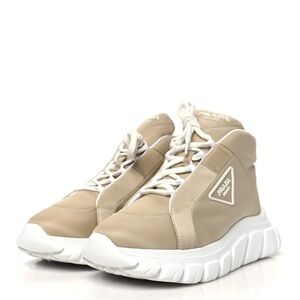 Prada Taupe and White High-Top Sneakers